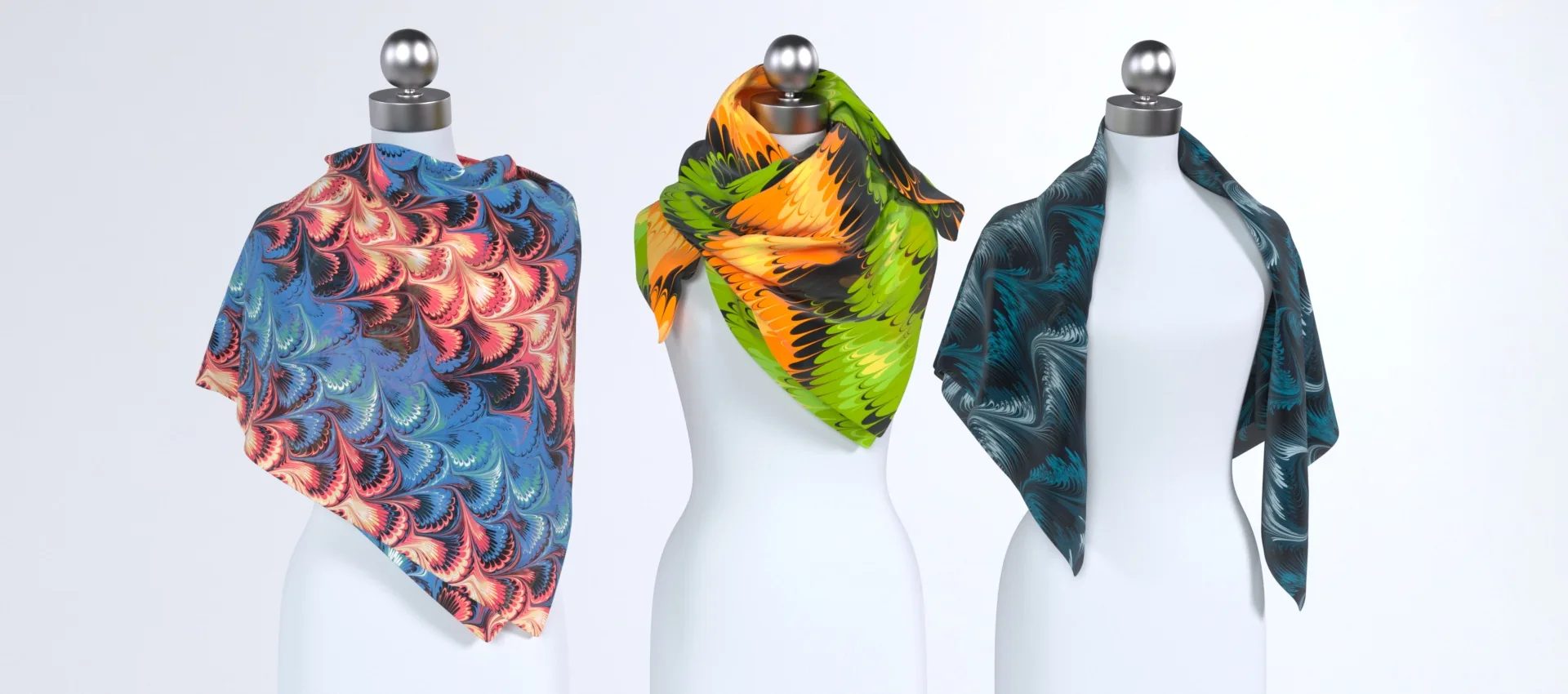 Marbled Mixwell scarves rendered on three mannequins